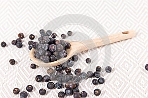 Dried juniper berries scattered around a wood spoon over fabric top down