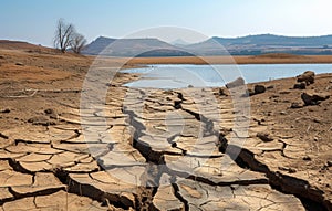 A dried lake on water surface, water scarcity and drying rivers concept