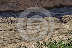 Dried land with drawing after flood rain in the field