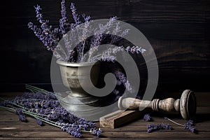 dried lavender in an antique brass mortar on a dark wooden table