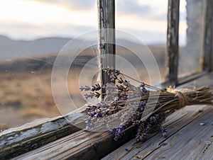 Dried lavender bouquet on rustic wooden surface