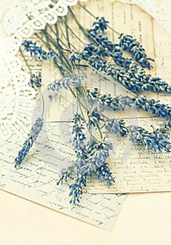 Dried lavender flowers, lace and old love letters