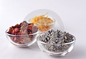 Dried lavender flowers with marigold and rose petals
