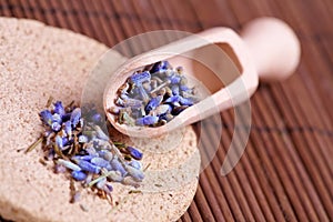 Dried lavender petals on the wooden spoon