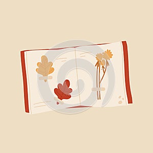 Dried leaves and flowers scrapbooking icon. Cozy autumn vibes. Herbarium book, craftwork concept. Vector illustration 