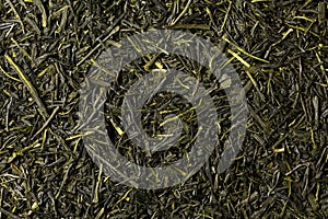 Dried leaves of green sencha tea, full frame.