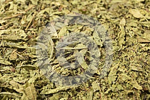 Dried leaves o Lemon verbena in latin Aloysia citrodora background. Macro photo. Close up.