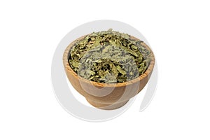 Dried leaves o Lemon verbena in latin Aloysia citrodora in wooden bowl isolated on white background.