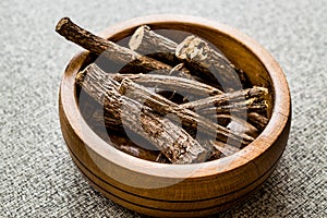 Dried Licorice Sticks in wooden bowl / Meyan Koku