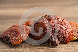 Dried lingzhi mushroom on wooden background, healthy herb food