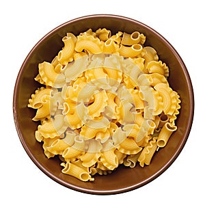 Dried macaroni cockerel scallops. Pasta in a ceramic bowl isolated on a white background