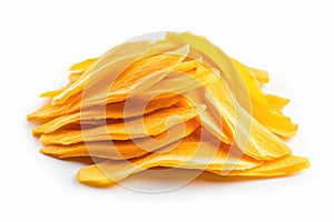 Dried mango slices on white background