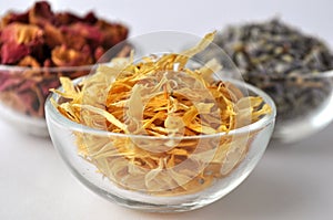 Dried marigold calendula petals with lavender and rose