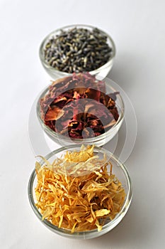 Dried marigold calendula petals with lavender and rose