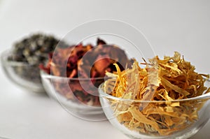 Dried marigold calendula petals with lavender and rose