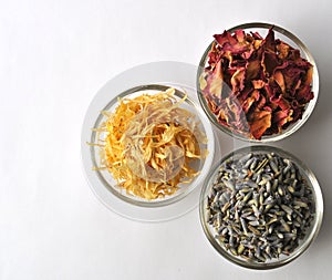 Dried marigold calendula petals with lavender and rose