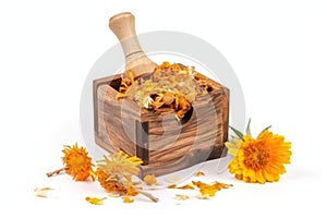 Dried marigold flowers in a wooden box on a white background. Generative AI