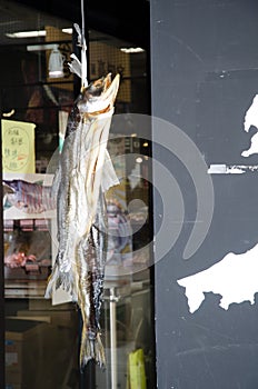 Dried masu salmon hanging in the entrance of an establishment. photo