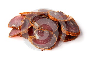 Dried meat beef jerky dry isolated on white background.