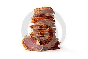 Dried meat beef jerky dry isolated on white background.