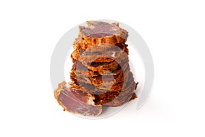 Dried meat beef jerky dry isolated on white background.