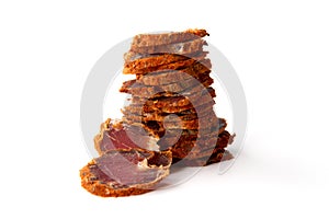 Dried meat beef jerky dry isolated on white background.