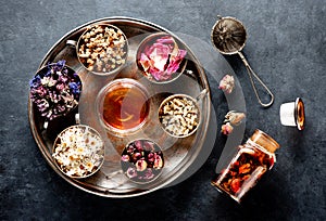 Dried medical healing herbs, flowers and herbal tea