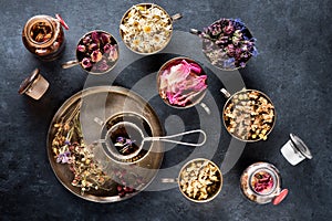 Dried medical healing herbs and herbal tea