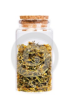 Dried Melilotus officinalis Yellow Sweet Clower in a bottle.