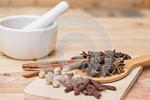 Dried mix herbal for food medicine on wood background