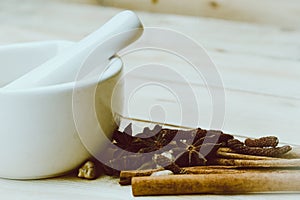 Dried mix herbal for food medicine on wood background