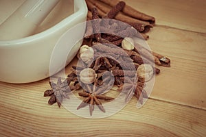 Dried mix herbal for food medicine on wood background