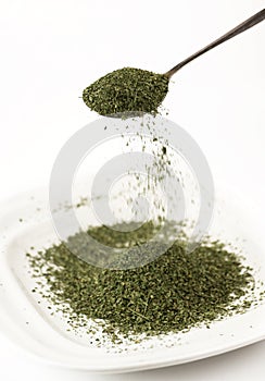 Dried moringa leaves on spoon and plate