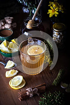 Dried mountain tea, turmeric, cinnamon sticks, lemon slices and jar of honey on wooden background.  Sideritis Scardica.