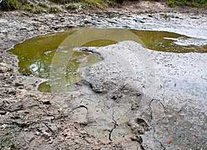 Dried mud in the pond. Close, landscape. A dried-up pond. climate change, ecological catastrophe of the Earth, death of plants and