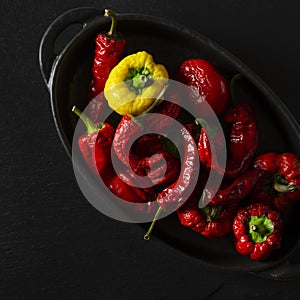 Dried multi-colored, textured chili peppers lie in black form for baking on a black stone background