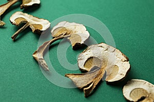 Dried mushrooms  on a green background. Narcotic mushrooms