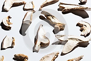 dried mushrooms on white. hard shadow pattern