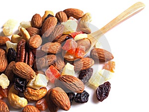 dried nuts tropical fruits isolated on white background