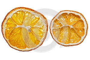 Dried orange cut from above on white background