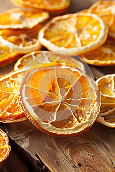 Dried orange slices stacked on a wooden board