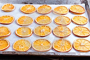 Dried oranges. Process of preparation of orange candied fruits for for New Year and Christmas party