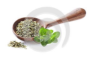 Dried oregano leaves in wooden spoon