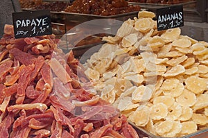 Dried papaya and pineapple in traditional store