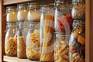 Dried pasta in jars on a shelf