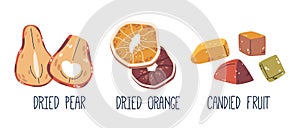 Dried Pear And Orange Fruits, Dehydrated Snacks Retaining Natural Sugars And Nutrients. Candied Fruits Slices And Dices