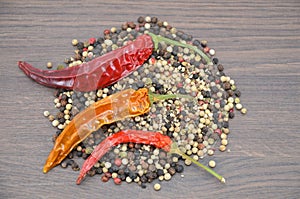 Dried peppers close up on a table