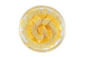 Dried pineapple slices in a glass dish