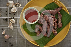 Dried Pork, Thai-Esan Food. Pork With Seasoning Herb Garlic.