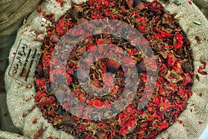 Dried potpourri sack in Marrakech souk at Morocco